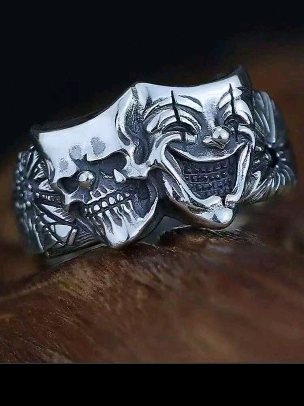 Silver Two-Face Comedy & Tragedy Skull Ring - Men9s Accessory